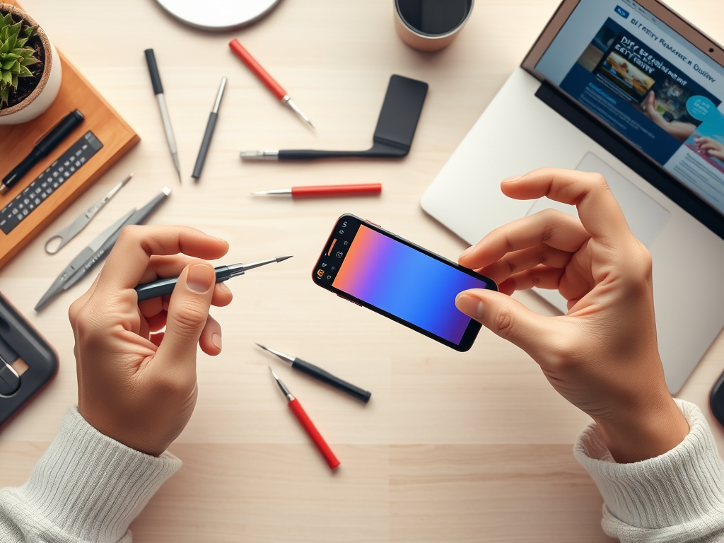 A person holds a smartphone and a pen, surrounded by various writing tools and a laptop on a wooden desk.