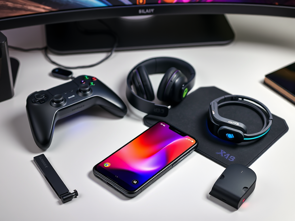 A gaming setup featuring a smartphone, game controller, headphones, and charging accessories on a desk.