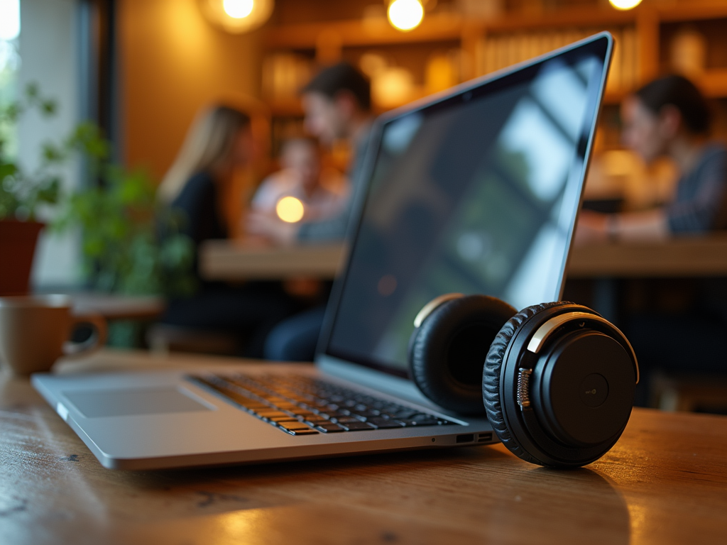 Laptop and headphones on table in a busy café setting with people in background.