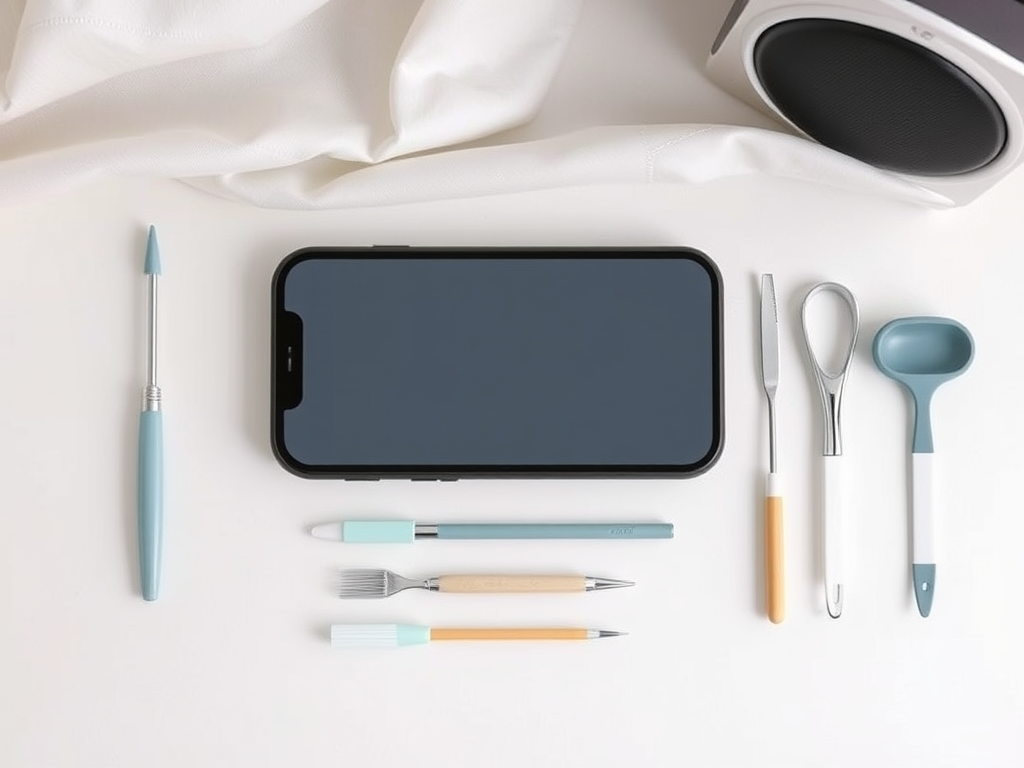 A flat lay of a smartphone, various utensils, and a speaker on a light surface with a white cloth partially visible.